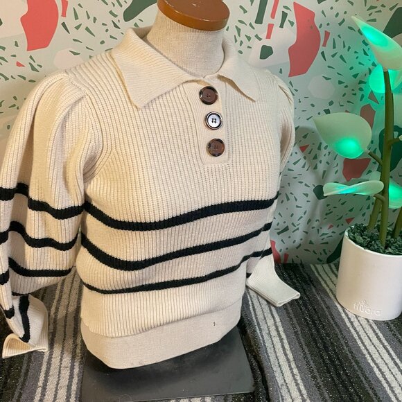 Q&A White and Black Striped Cropped Sweater - M - Picture 1 of 3